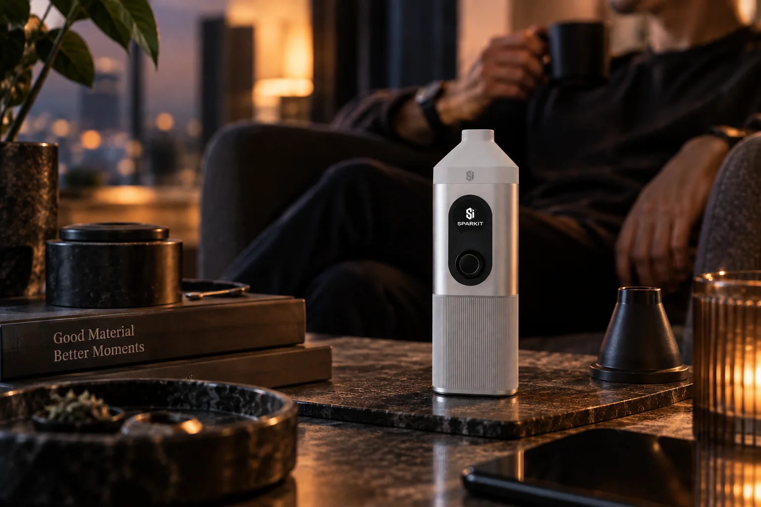 SparkIt TRI on a side table in a relaxed adult lounge setting