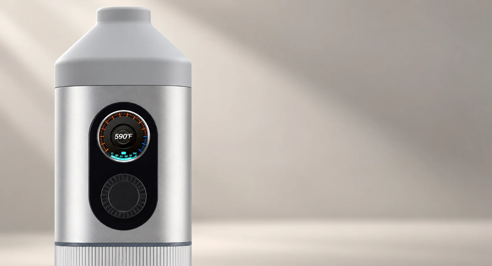 Silver SparkIt TRI temperature display and tactile rotary dial against a warm studio background
