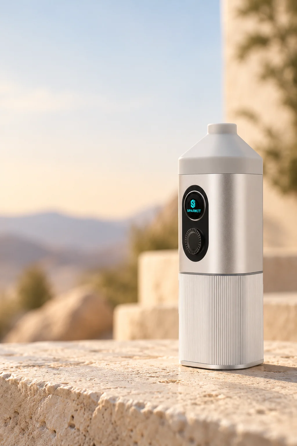 Silver SparkIt TRI standing on warm natural stone with a softly blurred outdoor backdrop
